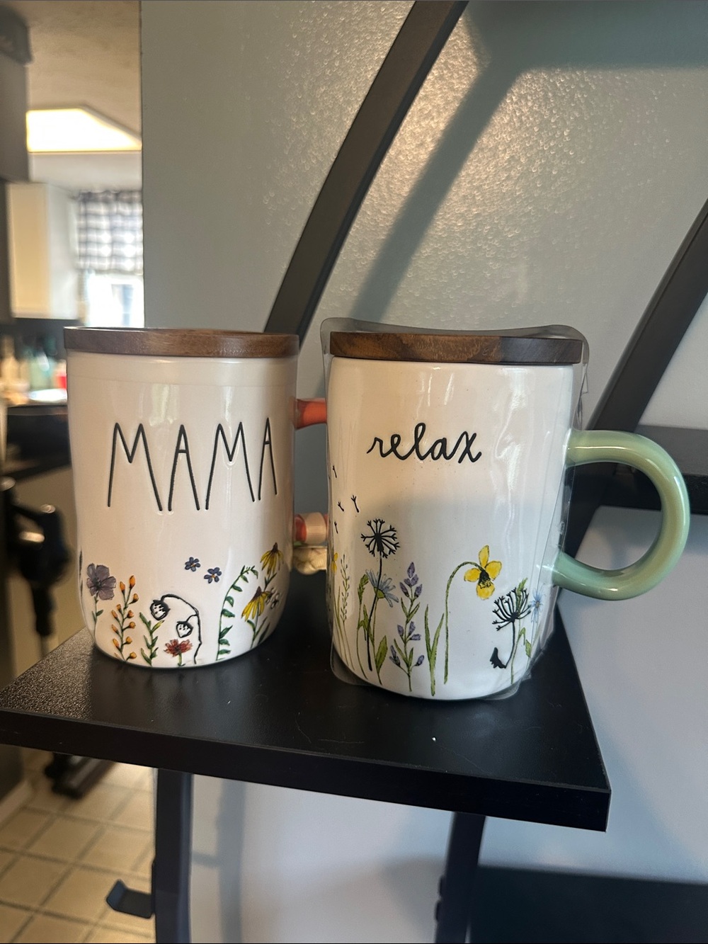 Rae Dunn White Floral MAMA & relax Mug Set with Green and Coral Handles